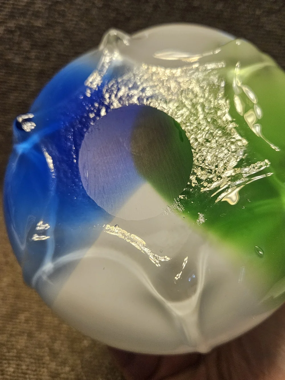 White Glass Tulip Vase with Blue and Green Accents